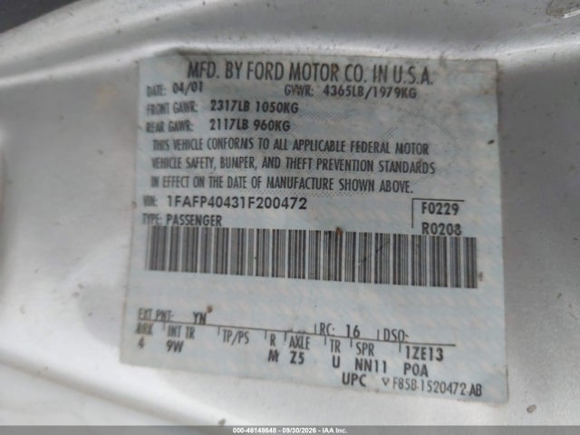 Продаж на аукціоні авто 2001 Ford Mustang, vin: 1FAFP40431F200472, номер лоту: 46148648