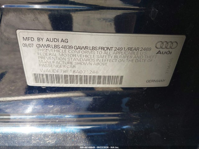 Продажа на аукционе авто 2008 Audi A4 2.0t, vin: WAUDF78E18A071266, номер лота: 46148649