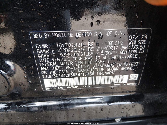 46148650 :رقم المزاد ، 3CZRZ2H36SM717438 vin ، 2025 Honda Hr-v Awd Lx مزاد بيع