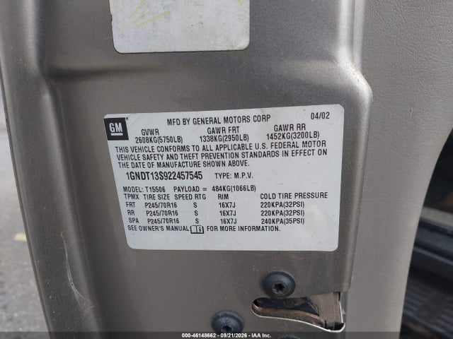 Продаж на аукціоні авто 2002 Chevrolet Trailblazer Lt, vin: 1GNDT13S922457545, номер лоту: 46148662