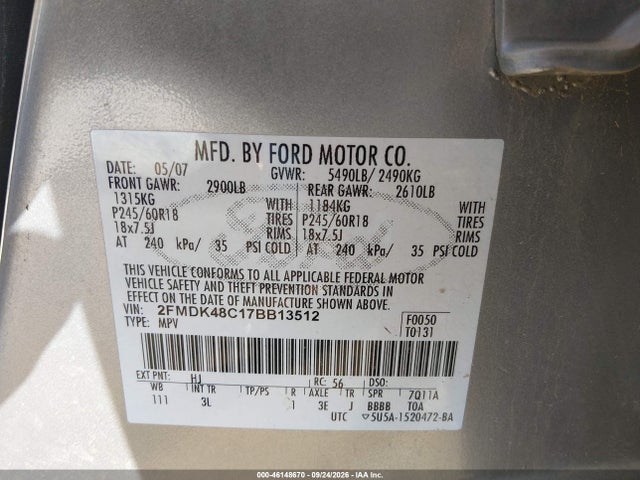 46148670 :رقم المزاد ، 2FMDK48C17BB13512 vin ، 2007 Ford Edge Sel مزاد بيع