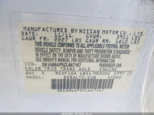 Aukcja sprzedaży 2012 Nissan Sentra 2.0 S, vin: 3N1AB6AP5CL667167, numer aukcji: 46148677