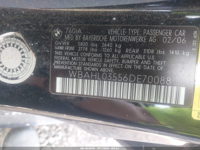 Aukcja sprzedaży 2006 Bmw 760i, vin: WBAHL03556DE70088, numer aukcji: 46148701