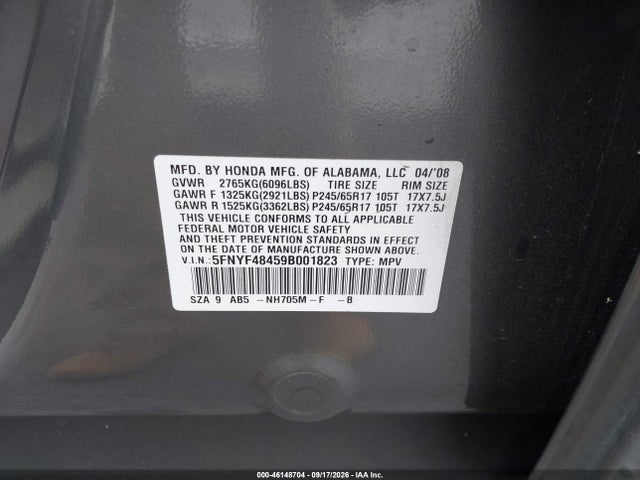 Продаж на аукціоні авто 2009 Honda Pilot Ex, vin: 5FNYF48459B001823, номер лоту: 46148704