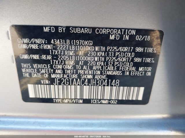 Aukcja sprzedaży 2018 Subaru Crosstrek 2.0i, vin: JF2GTAAC4JH304148, numer aukcji: 46148730