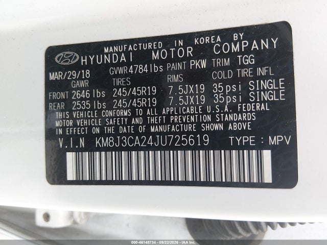 Auction sale of the 2018 Hyundai Tucson Value, vin: KM8J3CA24JU725619, lot number: 46148734