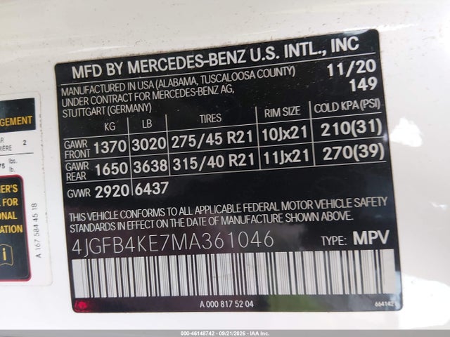 Aukcja sprzedaży 2021 Mercedes-benz Gle 350 4matic, vin: 4JGFB4KE7MA361046, numer aukcji: 46148742
