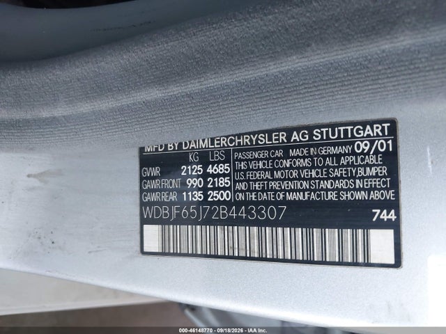 Aukcja sprzedaży 2002 Mercedes-benz E 320 Special Edition, vin: WDBJF65J72B443307, numer aukcji: 46148770