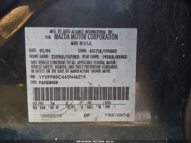 2004 Mazda Mazda6 I მანქანა იყიდება აუქციონზე, vin: 1YVFP80C445N46219, აუქციონის ნომერი: 46148785