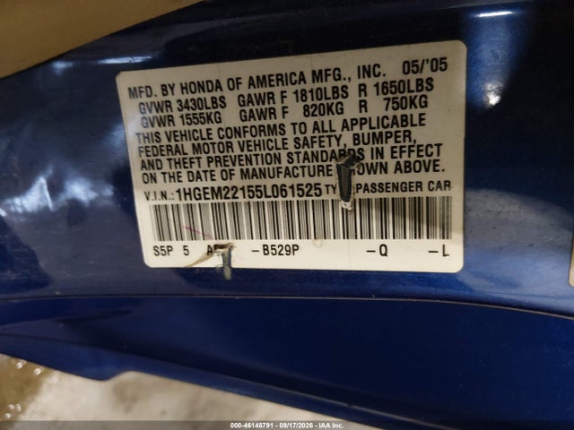 46148791 :رقم المزاد ، 1HGEM22155L061525 vin ، 2005 Honda Civic Vp مزاد بيع