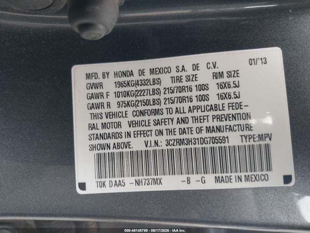 Продажа на аукционе авто 2013 Honda Cr-v Lx, vin: 3CZRM3H31DG705591, номер лота: 46148799