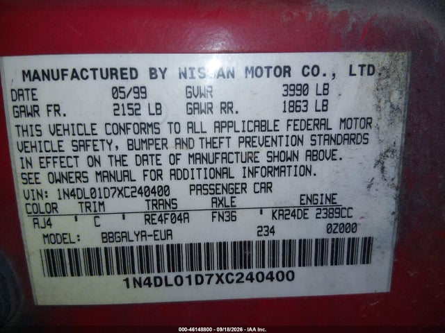 Aukcja sprzedaży 1999 Nissan Altima Gle/gxe/se/se-l/xe, vin: 1N4DL01D7XC240400, numer aukcji: 46148800