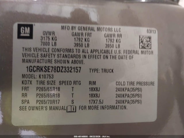 46148805 :رقم المزاد ، 1GCRKSE78DZ332157 vin ، 2013 Chevrolet Silverado 1500 Lt مزاد بيع