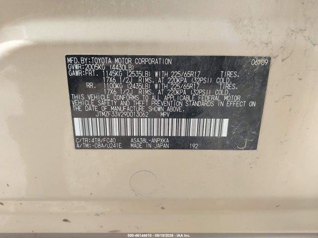 Продажа на аукционе авто 2009 Toyota Rav4, vin: JTMZF33V29D013062, номер лота: 46148810