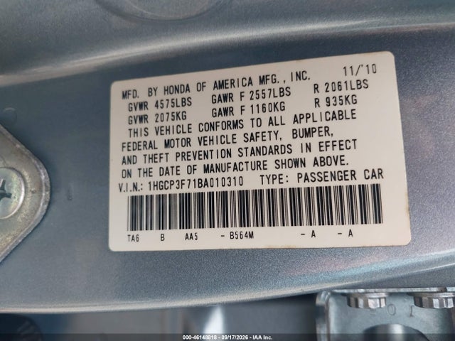Aukcja sprzedaży 2011 Honda Accord Ex, vin: 1HGCP3F71BA010310, numer aukcji: 46148818