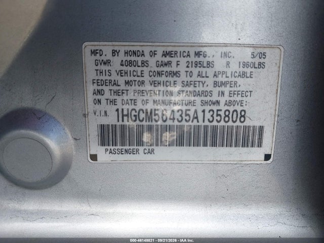 2005 Honda Accord 2.4 Lx მანქანა იყიდება აუქციონზე, vin: 1HGCM56435A135808, აუქციონის ნომერი: 46148821