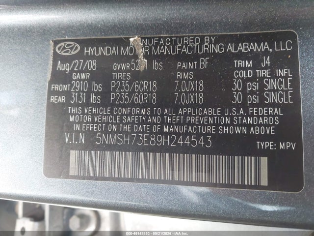 Aukcja sprzedaży 2009 Hyundai Santa Fe Se, vin: 5NMSH73E89H244543, numer aukcji: 46148853