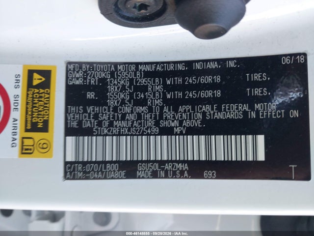 Продажа на аукционе авто 2018 Toyota Highlander Xle, vin: 5TDKZRFHXJS275499, номер лота: 46148855