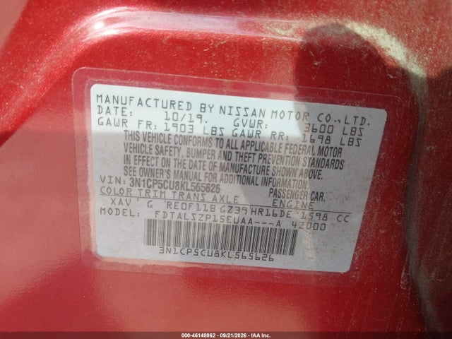 46148862 :رقم المزاد ، 3N1CP5CU8KL565626 vin ، 2019 Nissan Kicks Sv مزاد بيع