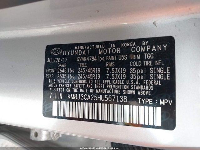 Продажа на аукционе авто 2017 Hyundai Tucson Value, vin: KM8J3CA25HU567138, номер лота: 46148865