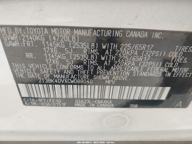 46148874 :رقم المزاد ، 2T3BK4DVXCW088040 vin ، 2012 Toyota Rav4 Base V6 مزاد بيع