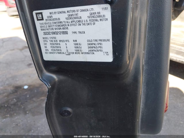46148880 :رقم المزاد ، 2GCEC19W321218550 vin ، 2002 Chevrolet Silverado 1500 مزاد بيع