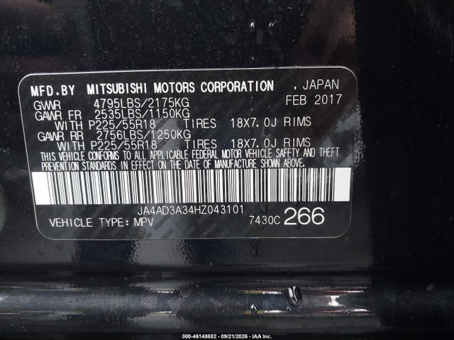 Aukcja sprzedaży 2017 Mitsubishi Outlander Se/sel, vin: JA4AD3A34HZ043101, numer aukcji: 46148882