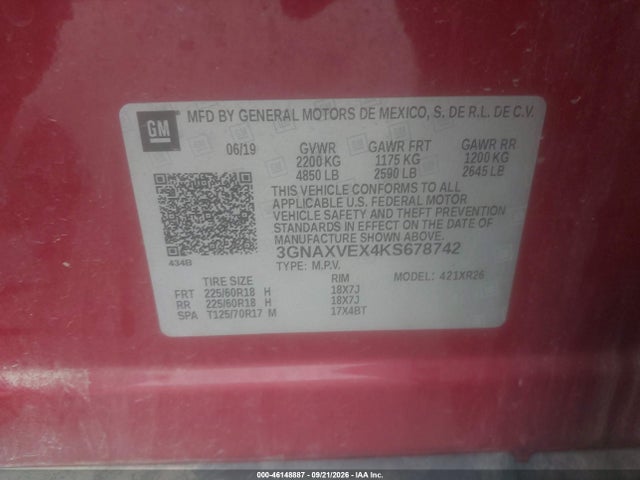 2019 Chevrolet Equinox Lt მანქანა იყიდება აუქციონზე, vin: 3GNAXVEX4KS678742, აუქციონის ნომერი: 46148887