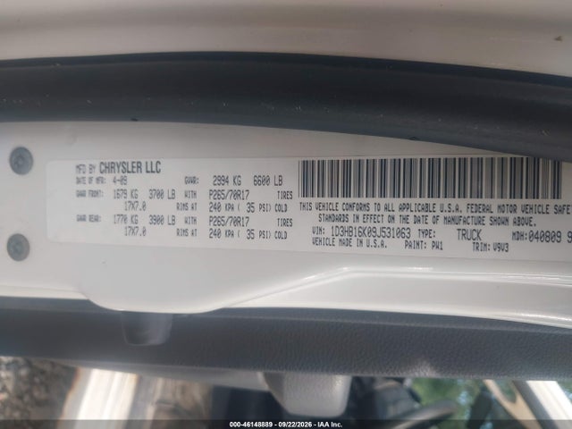 2009 Dodge Ram 1500 St მანქანა იყიდება აუქციონზე, vin: 1D3HB16K09J531063, აუქციონის ნომერი: 46148889