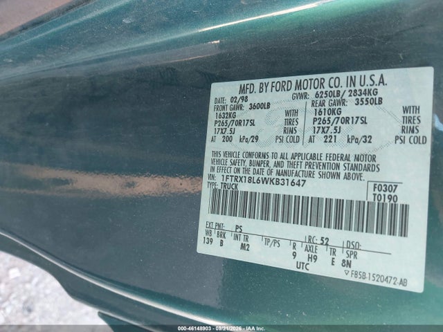 Aukcja sprzedaży 1998 Ford F-150 Lariat/standard/xl/xlt, vin: 1FTRX18L6WKB31647, numer aukcji: 46148903