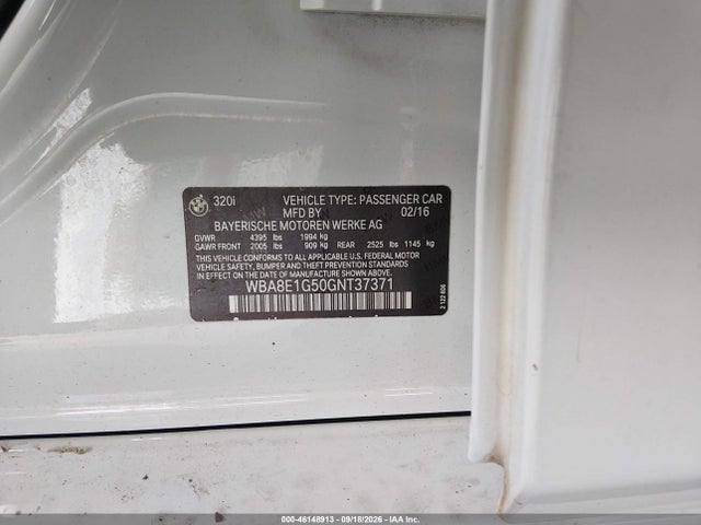 46148913 :رقم المزاد ، WBA8E1G50GNT37371 vin ، 2016 Bmw 320i مزاد بيع