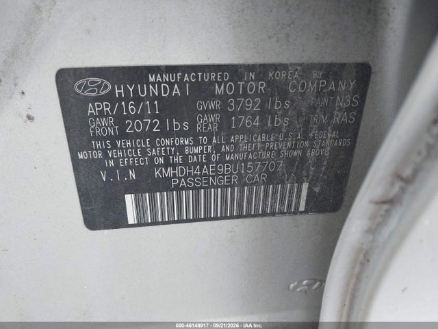 Продажа на аукционе авто 2011 Hyundai Elantra Gls (ulsan Plant), vin: KMHDH4AE9BU157707, номер лота: 46148917