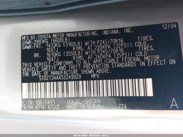 Продаж на аукціоні авто 2005 Toyota Sequoia Sr5 V8, vin: 5TDZT34AX5S249929, номер лоту: 46148929