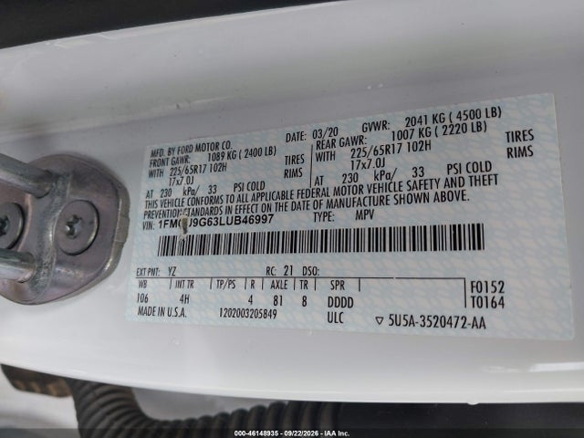 2020 Ford Escape Se მანქანა იყიდება აუქციონზე, vin: 1FMCU9G63LUB46997, აუქციონის ნომერი: 46148935