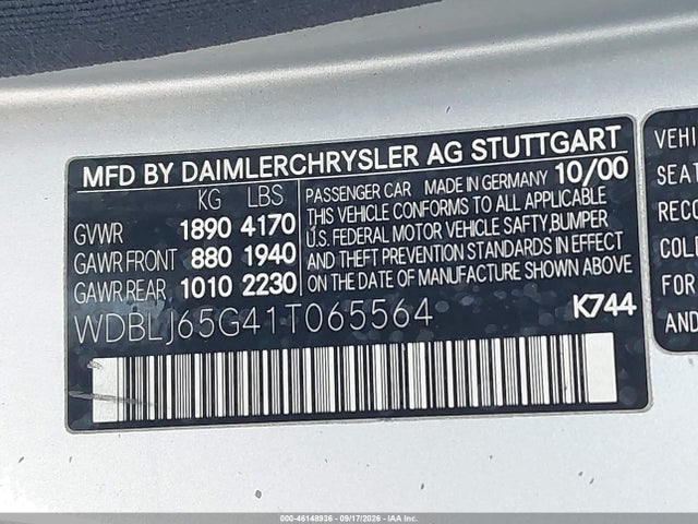 46148936 :رقم المزاد ، WDBLJ65G41T065564 vin ، 2001 Mercedes-benz Clk 320 مزاد بيع