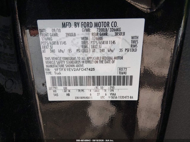 Продаж на аукціоні авто 2010 Ford F-150 Fx4/lariat/xl/xlt, vin: 1FTFX1EV2AFD47425, номер лоту: 46148943