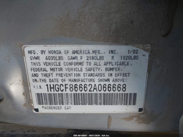 Продажа на аукционе авто 2002 Honda Accord 2.3 Vp, vin: 1HGCF86662A066668, номер лота: 46148947