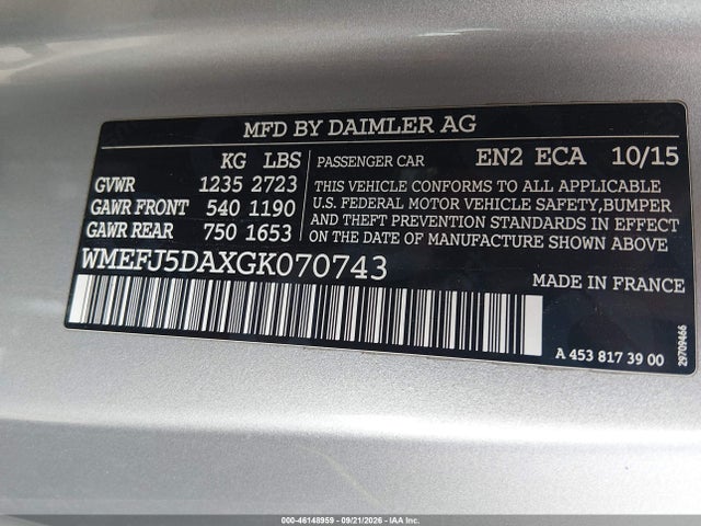 2016 Smart Fortwo Passion მანქანა იყიდება აუქციონზე, vin: WMEFJ5DAXGK070743, აუქციონის ნომერი: 46148959