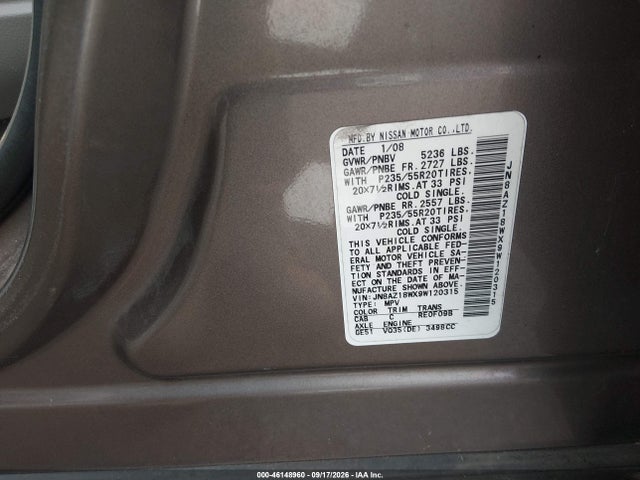 46148960 :رقم المزاد ، JN8AZ18WX9W120315 vin ، 2009 Nissan Murano Le مزاد بيع