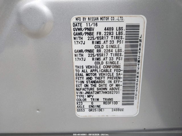 2017 Nissan Rogue Sv მანქანა იყიდება აუქციონზე, vin: JN8AT2MT7HW382701, აუქციონის ნომერი: 46148961
