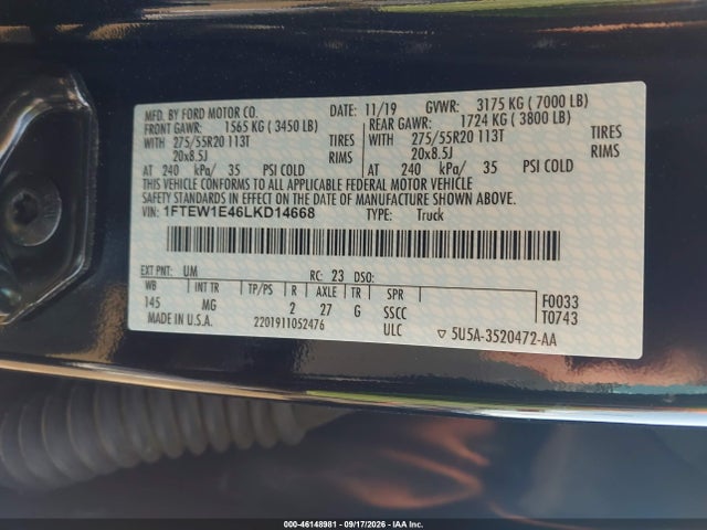 2020 Ford F-150 Xlt მანქანა იყიდება აუქციონზე, vin: 1FTEW1E46LKD14668, აუქციონის ნომერი: 46148981