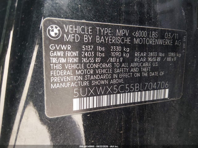 2011 Bmw X3 Xdrive28i მანქანა იყიდება აუქციონზე, vin: 5UXWX5C55BL704706, აუქციონის ნომერი: 46148985