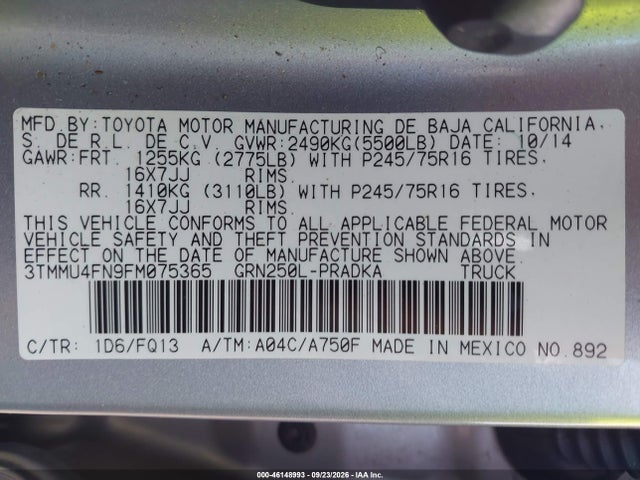 46148993 :رقم المزاد ، 3TMMU4FN9FM075365 vin ، 2015 Toyota Tacoma Base V6 مزاد بيع
