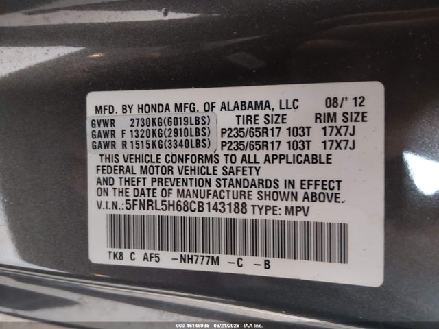 Aukcja sprzedaży 2012 Honda Odyssey Ex-l, vin: 5FNRL5H68CB143188, numer aukcji: 46148995