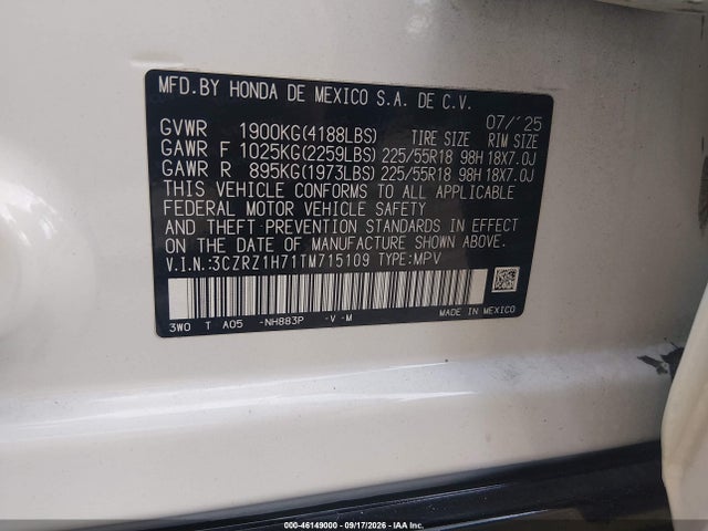 2026 Honda Hr-v 2wd Ex-l მანქანა იყიდება აუქციონზე, vin: 3CZRZ1H71TM715109, აუქციონის ნომერი: 46149000