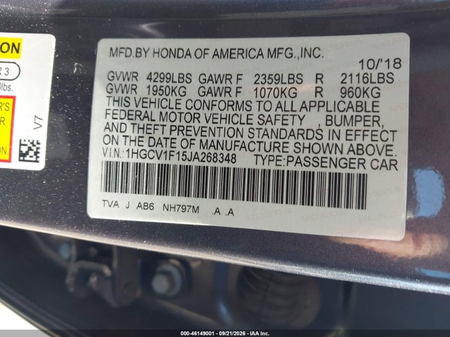 2018 Honda Accord Lx მანქანა იყიდება აუქციონზე, vin: 1HGCV1F15JA268348, აუქციონის ნომერი: 46149001