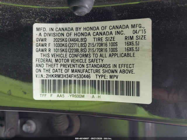 Продажа на аукционе авто 2015 Honda Cr-v Lx, vin: 2HKRM3H34FH530446, номер лота: 46149007
