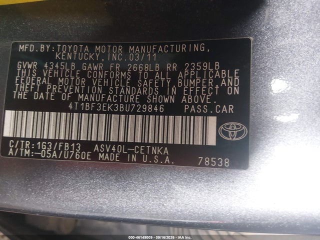 Aukcja sprzedaży 2011 Toyota Camry Le, vin: 4T1BF3EK3BU729846, numer aukcji: 46149009