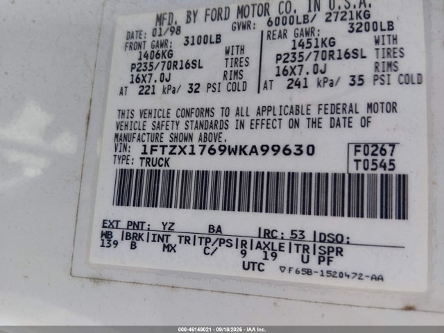 46149021 :رقم المزاد ، 1FTZX1769WKA99630 vin ، 1998 Ford F-150 Lariat/standard/xl/xlt مزاد بيع