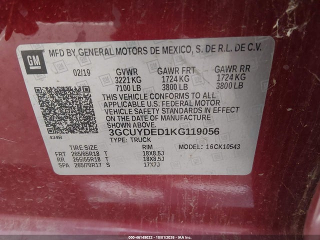 Aukcja sprzedaży 2019 Chevrolet Silverado 1500 Lt, vin: 3GCUYDED1KG119056, numer aukcji: 46149022